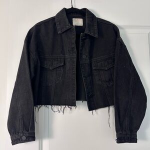 ALL : ROW (M) Black Denim Cropped Jean Jacket Distressed Hem, Western Pockets